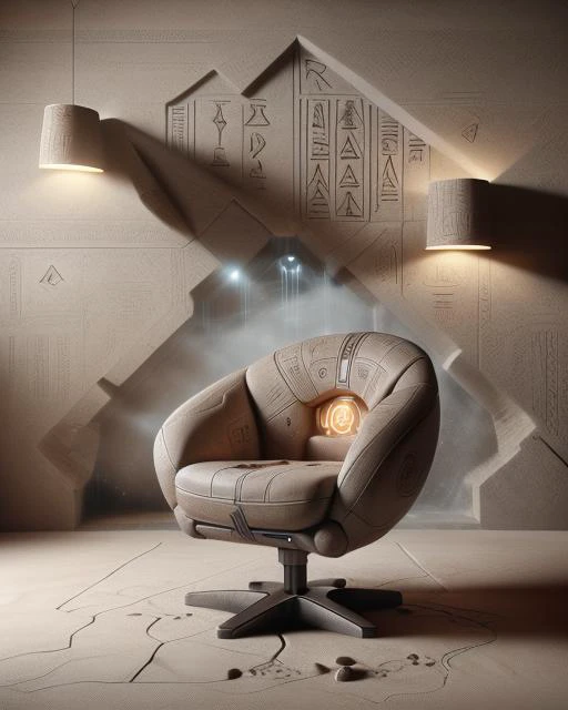 egypttech, photo of an elegant modern chair, hieroglyphs, product shot, no humans, good quality, detailed, high resolution, <lora:EgyptTech-30:1>