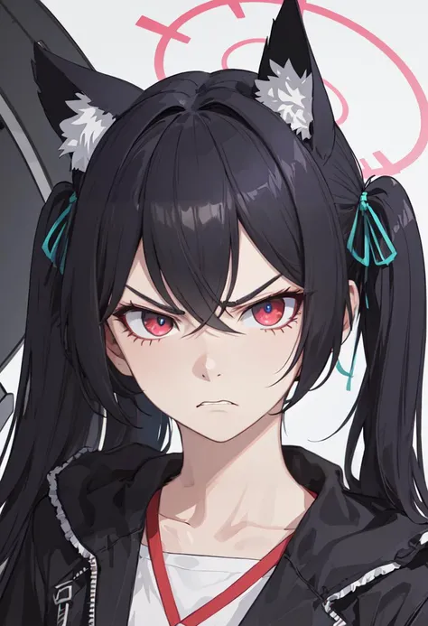 Mejor calidad, parte maestra, High Definition, 1 chica,,((long hair with pigtails and a black fringe with cat ears, beautiful red eyes)),, ropa japonesa, quimono, detalles intrincados, Cinematic feel, 8K, Muy detallado