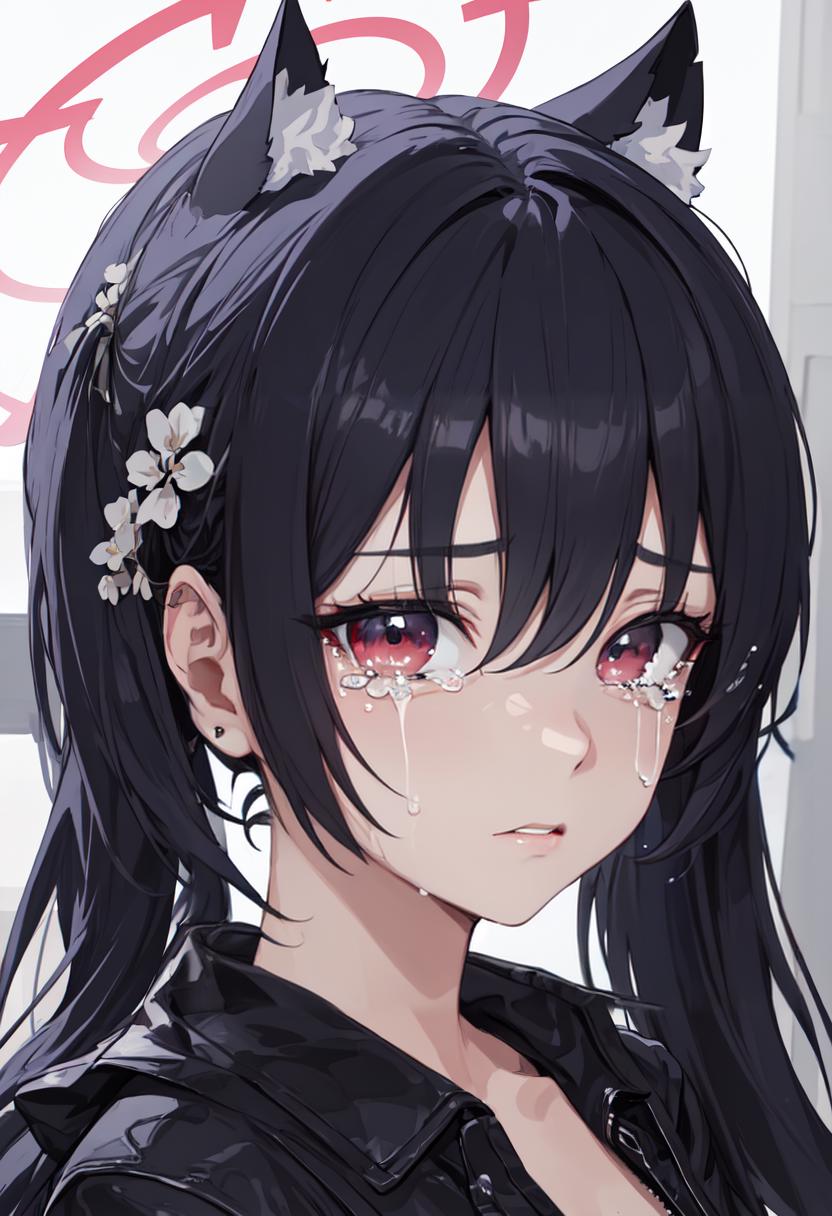 Anime girl with black hair and cat ears with red eyes - SeaArt AI