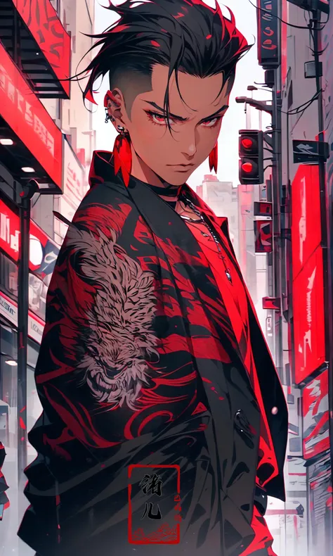 (dramatic, gritty, intense:1.4),masterpiece, best quality, 32k uhd, insane details, intricate details, hyperdetailed, hyper quality, high detail, ultra detailed, Masterpiece,
Red and blackred backgroundred themeSimple background
1boysolomale focus(hair slicked back:1.4)black hairdlosed mouth
jewelryarm tattootattoonecklacehands in pocketspiercing(Jacket:1.5)
<lora:~Q?-u^8Red and black:1>