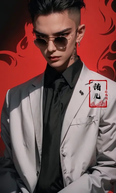 (dramatic, gritty, intense:1.4),masterpiece, best quality, 32k uhd, insane details, intricate details, hyperdetailed, hyper quality, high detail, ultra detailed, Masterpiece,
Red and blackred backgroundred themeSimple background
1boysolomale focus(hair slicked back:1.4)black hairdlosed mouth
jewelryarm tattootattooshirtnecktienecklacehands in pocketspiercingwhite shirt collared shirt(Jacket:1.5)
<lora:~Q?-u^8Red and black:1>