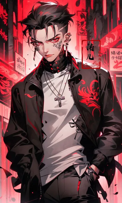 (dramatic, gritty, intense:1.4),masterpiece, best quality, 32k uhd, insane details, intricate details, hyperdetailed, hyper quality, high detail, ultra detailed, Masterpiece,
Red and blackred backgroundred themeSimple background
1boysolomale focus(hair slicked back:1.4)black hairdlosed mouth
jewelryarm tattootattoonecklacehands in pocketspiercing(Jacket:1.5)
<lora:~Q?-u^8Red and black:1>