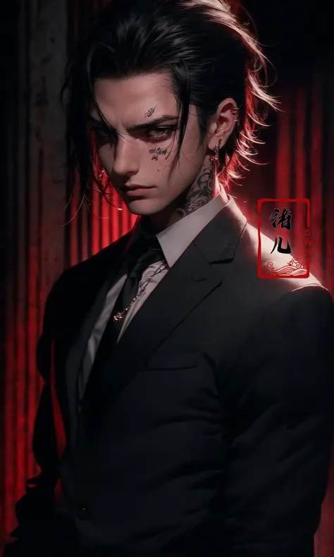 (dramatic, gritty, intense:1.4),masterpiece, best quality, 32k uhd, insane details, intricate details, hyperdetailed, hyper quality, high detail, ultra detailed, Masterpiece,
Red and blackred backgroundred themeSimple background
1boysolomale focusblack hairdlosed mouth
jewelryarm tattootattooshirtnecktienecklacehands in pocketspiercingwhite shirt collared shirt
hair slicked backblack suit <lora:~Q?-u^8Red and black:1>