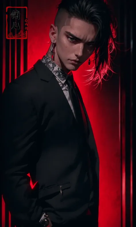 (dramatic, gritty, intense:1.4),masterpiece, best quality, 32k uhd, insane details, intricate details, hyperdetailed, hyper quality, high detail, ultra detailed, Masterpiece,
Red and blackred backgroundred themeSimple background
1boysolomale focus(hair slicked back:1.4)black hairdlosed mouth
jewelryarm tattootattooshirtnecktienecklacehands in pocketspiercingwhite shirt collared shirt(Jacket:1.3)
<lora:~Q?-u^8Red and black:1>
