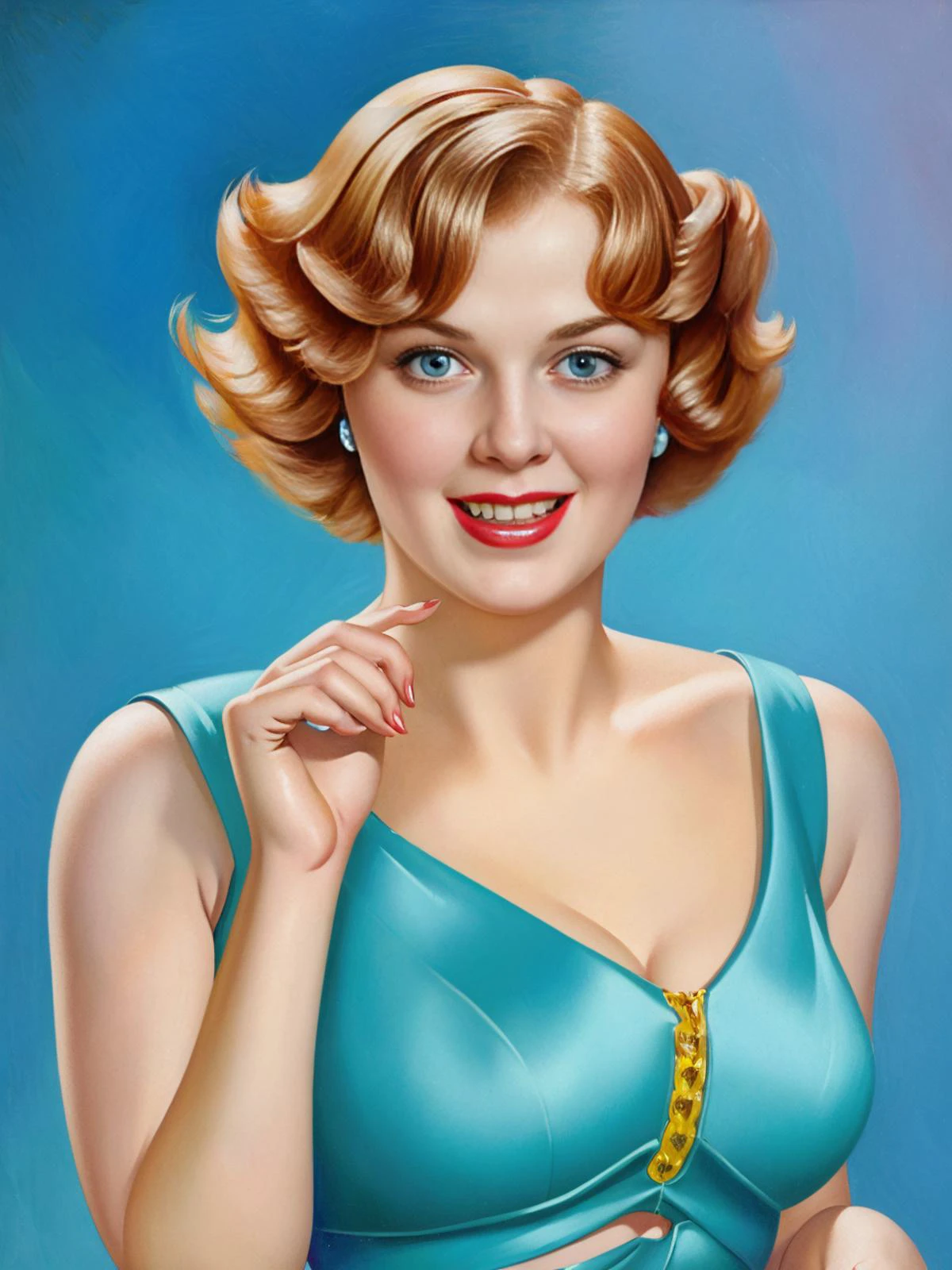 <lora:pinup:1>pinup of a happy girl with short ginger straight hair , highly detailed, masterpiece