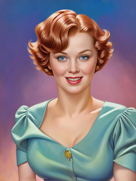 <lora:pinup:1>pinup of a happy  girl with medium length ginger bob hair ,  highly detailed, masterpiece