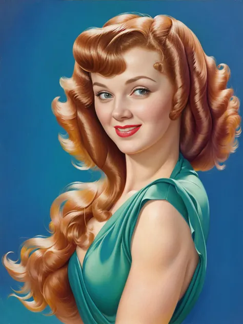 <lora:pinup:1>pinup of a happy  girl with long ginger curly hair ,  highly detailed, masterpiece