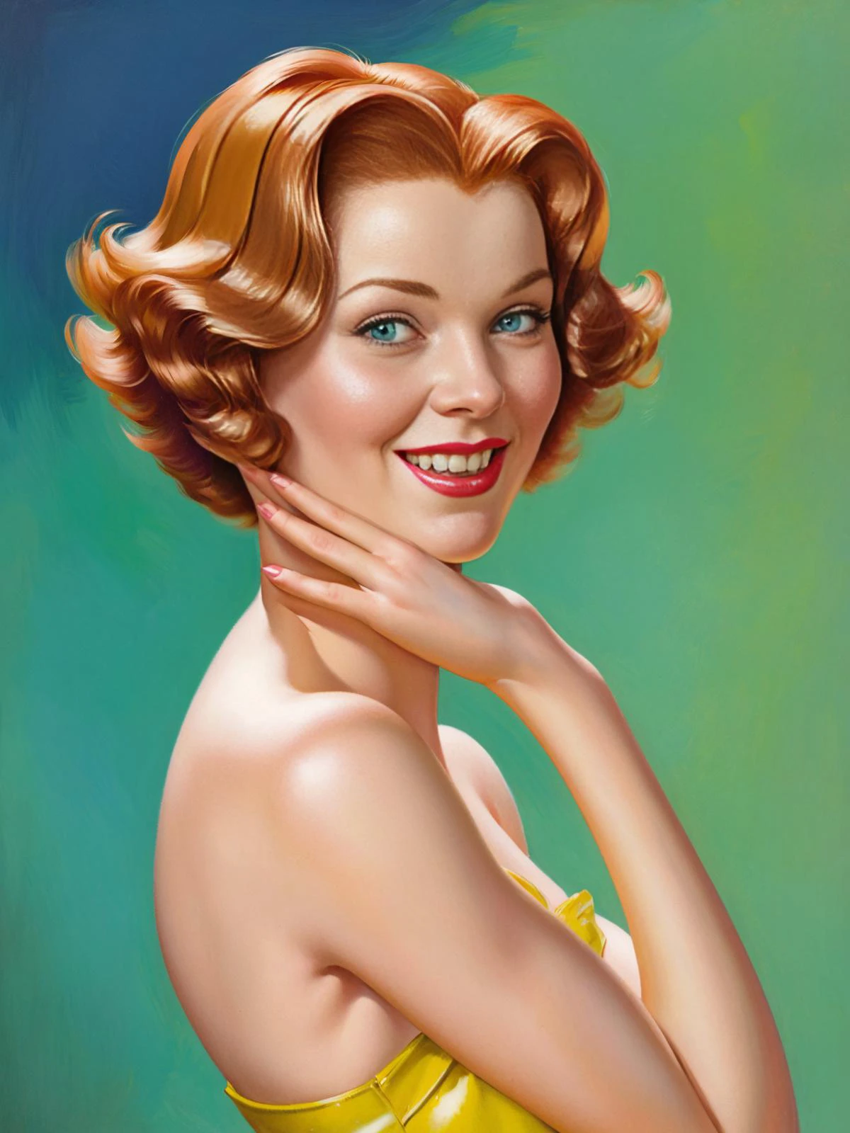 <lora:pinup:1>pinup of a happy girl with medium length ginger bob hair , highly detailed, masterpiece