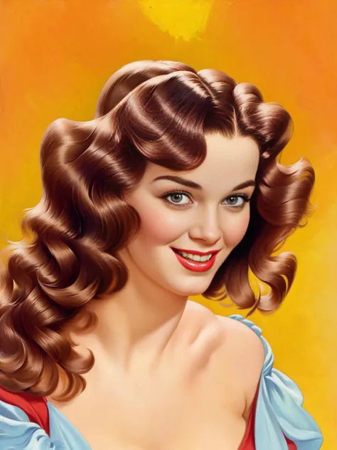 <lora:pinup:1>pinup of a happy  girl with long brown curly hair ,  highly detailed, masterpiece