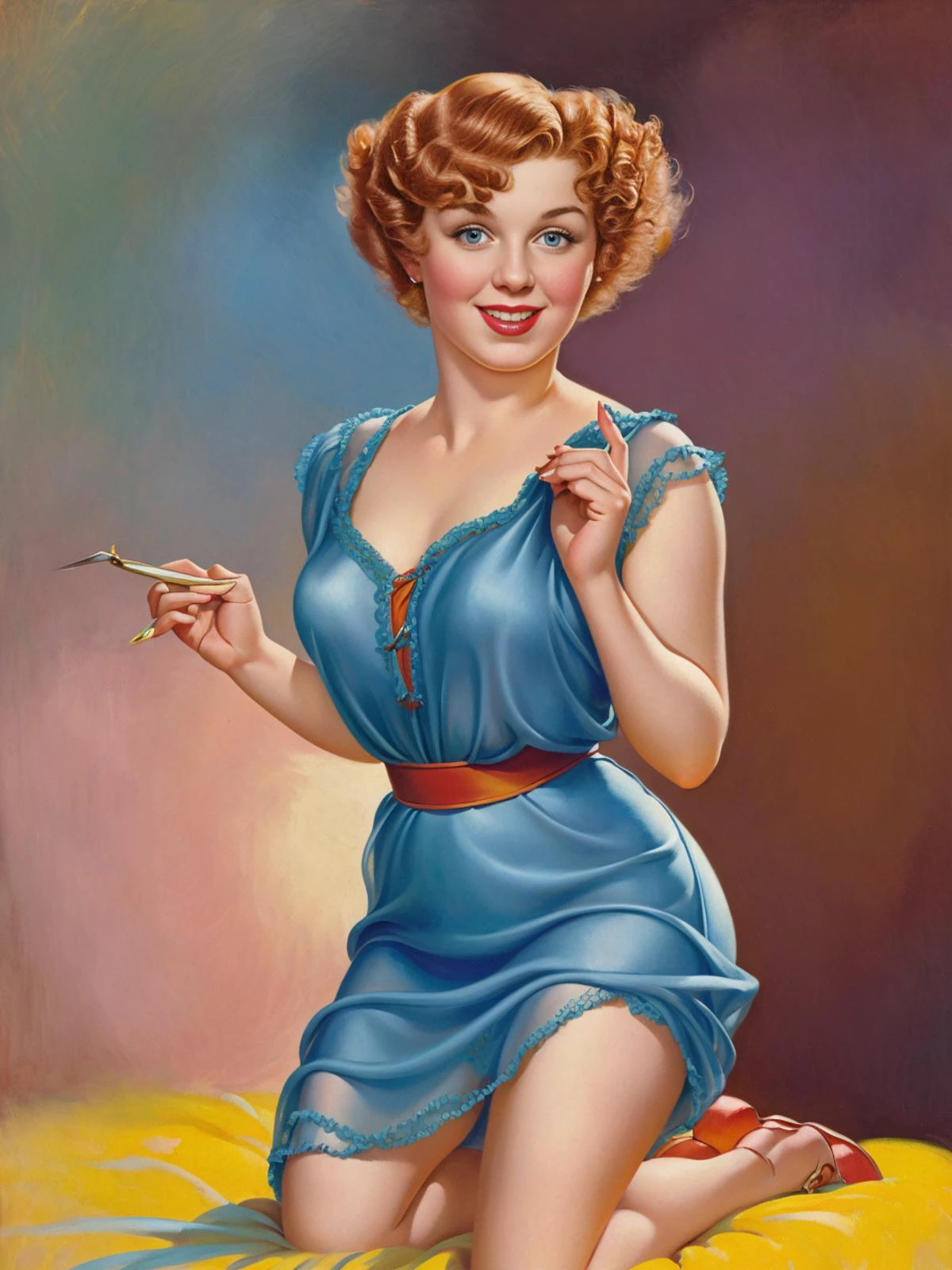 <lora:pinup:1>pinup of a happy young girl with short ginger curly hair , highly detailed, masterpiece
