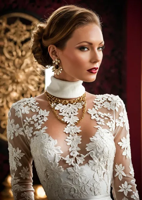 glamorous photo of a captivating masterpiece of an woman in a (((white neckholder dress with turtleneck))) ,long earrings, necklace, full body, The intricate lace and gold details exude a very rebellious aura. ((The use of high-shine gloss adds a touch of glamour to the look)), ((while the deep red and black hues give it a dramatic vibe)), blurred background, studio ligthing, facing camera, shallow depth of field, <lora:MS_Kimberly_Phillips_V1_SDXL:0.8>, high fashion, luxurious, extravagant, stylish, sensual, opulent, elegance, stunning beauty, professional, high contrast, detailed,