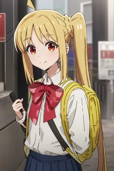 best quality, masterpiece, highres, solo, {ijichi_nijika_bocchitherock:1.15}, blonde_hair, long_hair, bangs, side_ponytail, sidelocks, ahoge, red_eyes, bow, red_bow, smile, 1girl, jacket, school_uniform, shirt, white_shirt, blue_jacket, looking_at_viewer, long_sleeves, backpack, bag, closed_mouth, upper_body