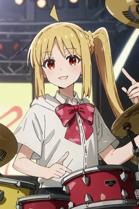 best quality, masterpiece, highres, solo, {ijichi_nijika_bocchitherock:1.15}, blonde_hair, long_hair, bangs, side_ponytail, sidelocks, ahoge, red_eyes, bow, red_bow, smile, 1girl, drum, drum_set, drumsticks, holding, hood, hoodie, instrument