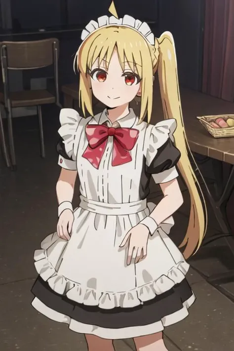 best quality, masterpiece, highres, solo, {maid:1.40}, {long maid dress:1.15}, {ijichi_nijika_bocchitherock:1.15}, blonde_hair, long_hair, bangs, side_ponytail, sidelocks, ahoge, red_eyes, bow, red_bow, smile