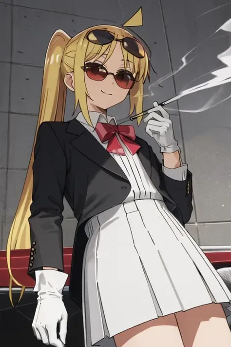 best quality, masterpiece, highres, solo, {black business suit:1.40}, {tie:1.20}, {sunglasses:1.25}, {white gloves:1.15}, {white shirt:1.10}, {black skirt:1.15}, {smoking:1.20}, handsome, {ijichi_nijika_bocchitherock:1.15}, blonde_hair, long_hair, bangs, side_ponytail, sidelocks, ahoge, red_eyes, bow, red_bow, smile