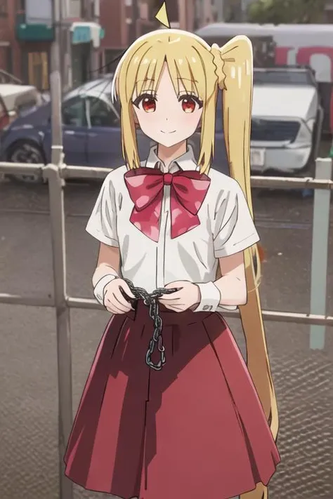 best quality, masterpiece, highres, solo, {ijichi_nijika_bocchitherock:1.15}, blonde_hair, long_hair, bangs, side_ponytail, sidelocks, ahoge, red_eyes, bow, red_bow, smile, 2girls, closed_mouth, collared_shirt, multiple_girls, school_uniform, shirt, solo_focus, white_shirt, pink_hair, blurry, chain-link_fence, fence, looking_at_viewer