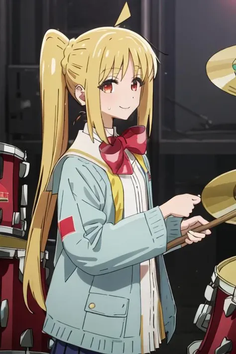 best quality, masterpiece, highres, solo, {ijichi_nijika_bocchitherock:1.15}, blonde_hair, long_hair, bangs, side_ponytail, sidelocks, ahoge, red_eyes, bow, red_bow, smile, 1girl, drum, drum_set, holding, jacket, school_uniform, shirt, drumsticks, instrument, white_shirt, blue_jacket, long_sleeves, sweatdrop
