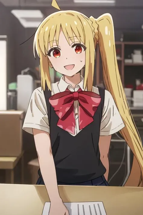best quality, masterpiece, highres, solo, {ijichi_nijika_bocchitherock:1.15}, blonde_hair, long_hair, bangs, side_ponytail, sidelocks, ahoge, red_eyes, bow, red_bow, smile, 1girl, looking_at_viewer, blurry, blurry_background, shirt, white_shirt, open_mouth, sweatdrop, parody