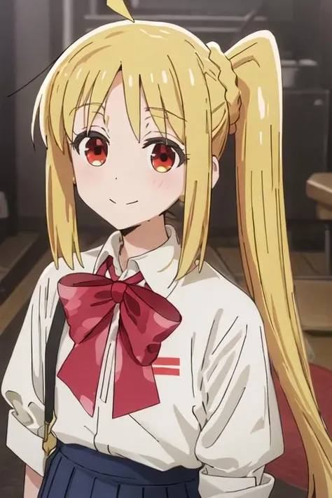 best quality, masterpiece, highres, solo, {ijichi_nijika_bocchitherock:1.15}, blonde_hair, long_hair, bangs, side_ponytail, sidelocks, ahoge, red_eyes, bow, red_bow, smile, 1girl, closed_mouth, collared_shirt, parody, school_uniform, shirt, white_shirt, photo_background, looking_at_viewer, meme, upper_body