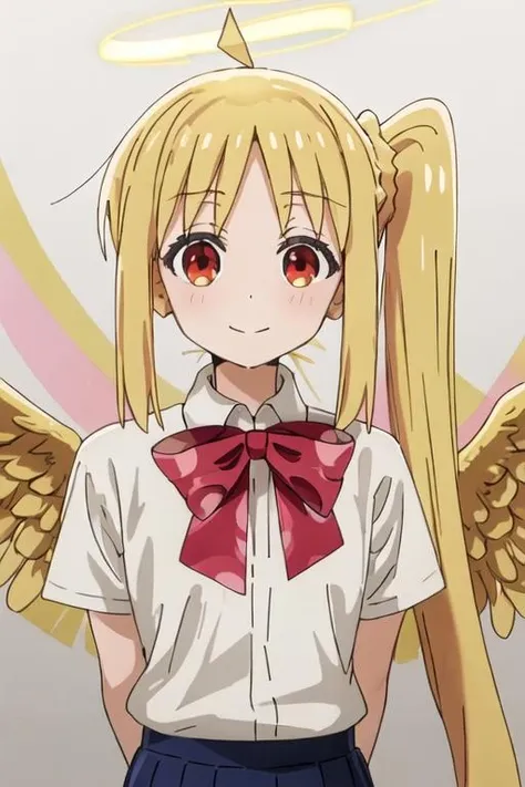 best quality, masterpiece, highres, solo, {ijichi_nijika_bocchitherock:1.15}, blonde_hair, long_hair, bangs, side_ponytail, sidelocks, ahoge, red_eyes, bow, red_bow, smile, 1girl, angel, angel_wings, closed_eyes, closed_mouth, collared_shirt, facing_viewer, halo, school_uniform, shirt, white_shirt, wings, short_sleeves, arms_behind_back, feathered_wings, red_bowtie, simple_background, upper_body, white_wings