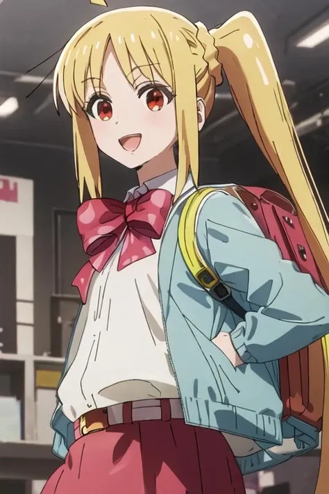 best quality, masterpiece, highres, solo, {ijichi_nijika_bocchitherock:1.15}, blonde_hair, long_hair, bangs, side_ponytail, sidelocks, ahoge, red_eyes, bow, red_bow, smile, 2girls, jacket, multiple_girls, pink_hair, pink_jacket, school_uniform, shirt, solo_focus, white_shirt, collared_shirt, track_jacket, backpack, cube_hair_ornament, open_mouth