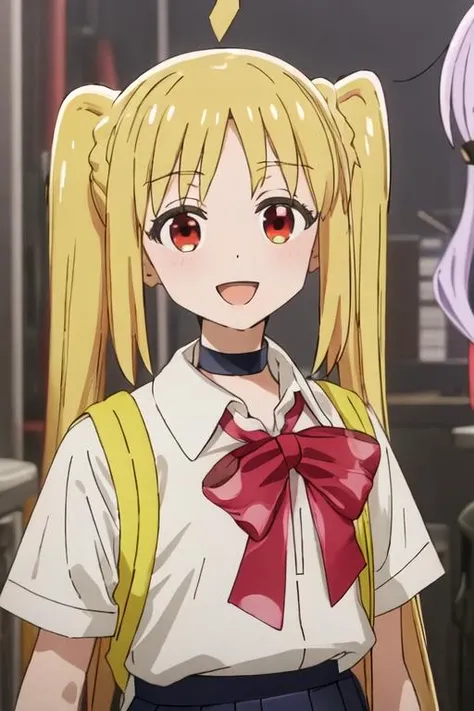 best quality, masterpiece, highres, solo, {ijichi_nijika_bocchitherock:1.15}, blonde_hair, long_hair, bangs, side_ponytail, sidelocks, ahoge, red_eyes, bow, red_bow, smile, 2girls, multiple_girls, school_uniform, shirt, white_shirt, solo_focus, open_mouth, collared_shirt, :d, parody