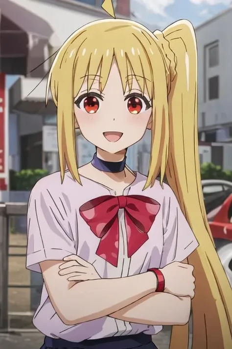 best quality, masterpiece, highres, solo, {ijichi_nijika_bocchitherock:1.15}, blonde_hair, long_hair, bangs, side_ponytail, sidelocks, ahoge, red_eyes, bow, red_bow, smile, 1girl, black_choker, choker, purple_shirt, shirt, outdoors, day, :d, open_mouth, closed_mouth, upper_body