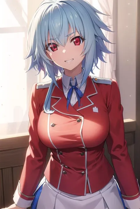 tatenashisarashiki, <lora:tatenashi sarashiki s2-lora-nochekaiser:1>,
tatenashi sarashiki, short hair, blue hair, (red eyes:1.3), smile, grin,
BREAK school uniform, ribbon, blue ribbon, long sleeves, (red trim:1.2), uniform, military uniform, (white military uniform:1.5),
BREAK indoors, classroom,
BREAK looking at viewer, (cowboy shot:1.5),
BREAK <lyco:GoodHands-beta2:1>, (masterpiece:1.2), best quality, high resolution, unity 8k wallpaper, (illustration:0.8), (beautiful detailed eyes:1.6), extremely detailed face, perfect lighting, extremely detailed CG, (perfect hands, perfect anatomy),