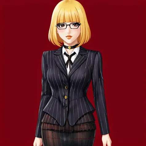 <lora:hanaprisonschool_pony_v1:.8> hanaprisonschool, 1girl, solo, blonde hair, brown eyes,blunt bangs, makeup, lipstick, lips, short hair,  cowboy shot,  <lora:0856 OL professional suit skirt 1_v1_pony:1> ruanyi0856,striped jacket,choker,black pantyhose,striped skirt,glasses,black skirt,pinstripe pattern