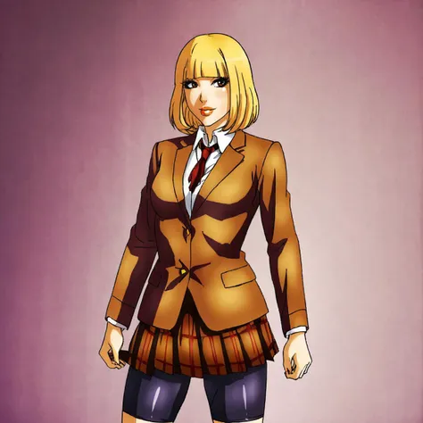 <lora:hanaprisonschool_pony_v1:.8> hanaprisonschool, 1girl, solo, blonde hair, school uniform, brown eyes, necktie, blunt bangs, makeup, lipstick, blazer, jacket, lips, short hair, pleated skirt, bike shorts, plaid skirt, shirt,  cowboy shot