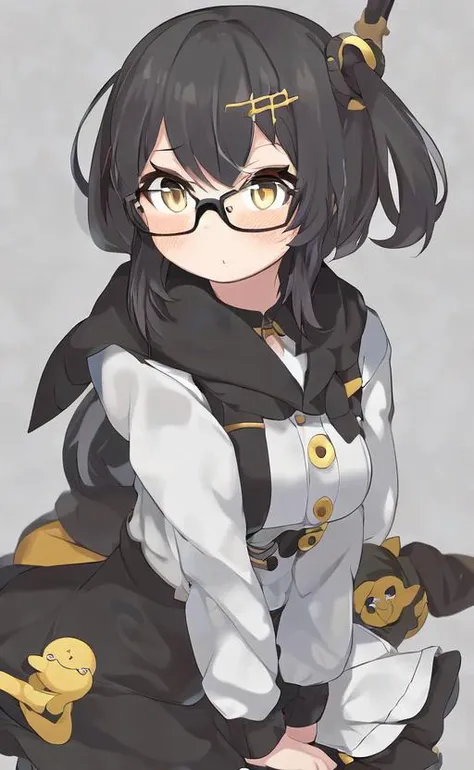 by kurige, 1girl, black hair, yellow eyes, glasses, skirt,