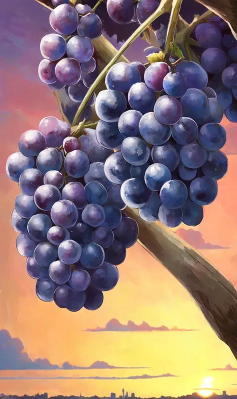 by kurige, close up one big bunches of grapes are hanging from a vine in a vineyard at sunset grape field with skyline view, by Phil Koch, award winning photography, extremely detailed,