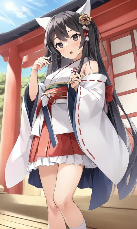 by kurige, miko, long hair, black hair, temple, full body shot, extremely detailed, shrine maiden, japanese shrine, midday, summer, brooming, not looking at viewer