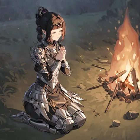 1girl, Shadowheart, black hair, bang, wearing armor, kneeling by campfire, praying, masterpiece, best quality, newest, safe <lora:shadowheart_xl_rev2_1-000056:1>