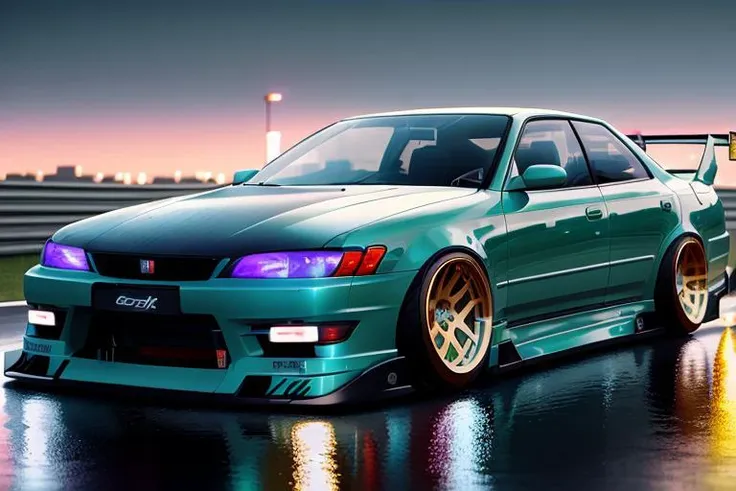 (STANCE), masterpiece,best quality,official art,extremely detailed CG unity 8k wallpaper,illustration, light,car, bright, sports car, vehicle focus, road, ((need for speed)),((NFS)), moving, wet, (((night, midnight))),neon lights,drift, <lora:MARKII:0.8>, (MARKII)