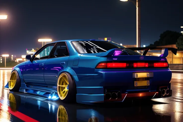 (STANCE), masterpiece,best quality,official art,extremely detailed CG unity 8k wallpaper,illustration, light,car, bright, sports car, vehicle focus, road, ((need for speed)),((NFS)), moving, wet, (((night, midnight))),neon lights,drift,  <lora:MARKII:0.8>, (MARKII)