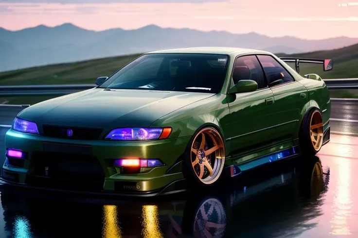 (STANCE), masterpiece,best quality,official art,extremely detailed CG unity 8k wallpaper,illustration, light,car, bright, sports car, vehicle focus, road, ((need for speed)),((NFS)), moving, wet, (((night, midnight))),neon lights,drift, <lora:MARKII:0.8>, (MARKII)