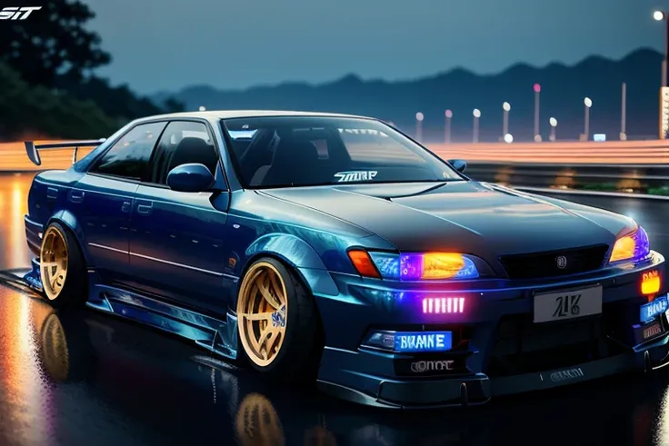 (STANCE), masterpiece,best quality,official art,extremely detailed CG unity 8k wallpaper,illustration, light,car, bright, sports car, vehicle focus, road, ((need for speed)),((NFS)), moving, wet, (((night, midnight))),neon lights,drift,  <lora:MARKII:0.8>, (MARKII)