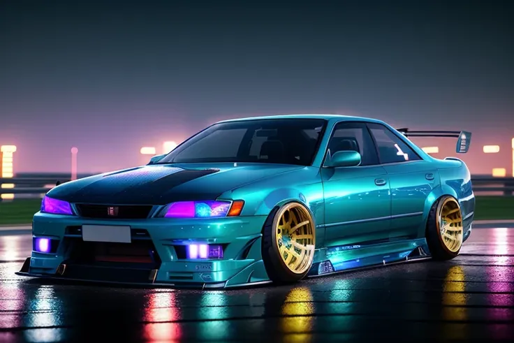 (STANCE), masterpiece,best quality,official art,extremely detailed CG unity 8k wallpaper,illustration, light,car, bright, sports car, vehicle focus, road, ((need for speed)),((NFS)), moving, wet, (((night, midnight))),neon lights,drift,  <lora:MARKII:0.8>, (MARKII)