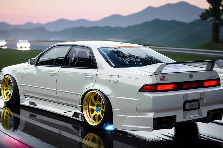 (STANCE), masterpiece,best quality,official art,extremely detailed CG unity 8k wallpaper,illustration, light,car, bright, sports car, vehicle focus, road, ((need for speed)),((NFS)), moving, wet, (((night, midnight))),neon lights,drift, <lora:MARKII:0.8>, (MARKII)