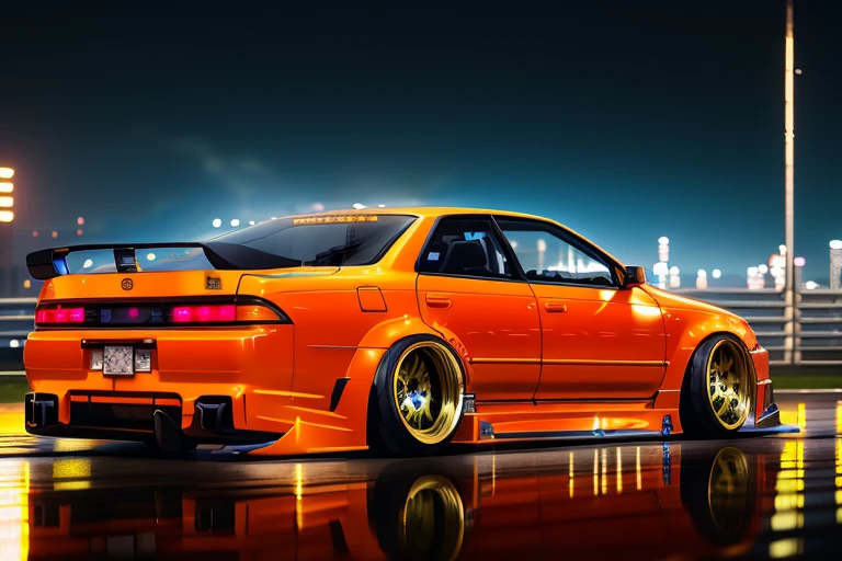 (STANCE), masterpiece,best quality,official art,extremely detailed CG unity 8k wallpaper,illustration, light,car, bright, sports car, vehicle focus, road, ((need for speed)),((NFS)), moving, wet, (((night, midnight))),neon lights,drift, <lora:MARKII:0.8>, (MARKII)