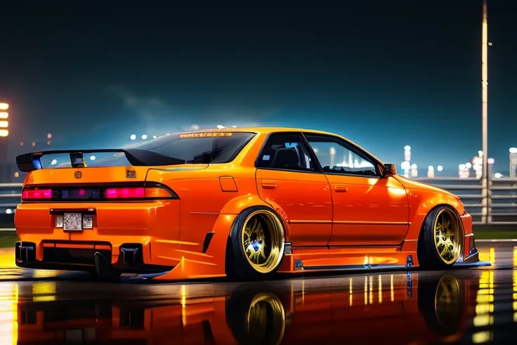 (STANCE), masterpiece,best quality,official art,extremely detailed CG unity 8k wallpaper,illustration, light,car, bright, sports car, vehicle focus, road, ((need for speed)),((NFS)), moving, wet, (((night, midnight))),neon lights,drift,  <lora:MARKII:0.8>, (MARKII)