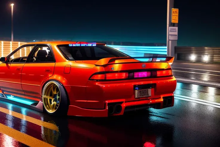 (STANCE), masterpiece,best quality,official art,extremely detailed CG unity 8k wallpaper,illustration, light,car, bright, sports car, vehicle focus, road, ((need for speed)),((NFS)), moving, wet, (((night, midnight))),neon lights,drift, <lora:MARKII:0.8>, (MARKII)
