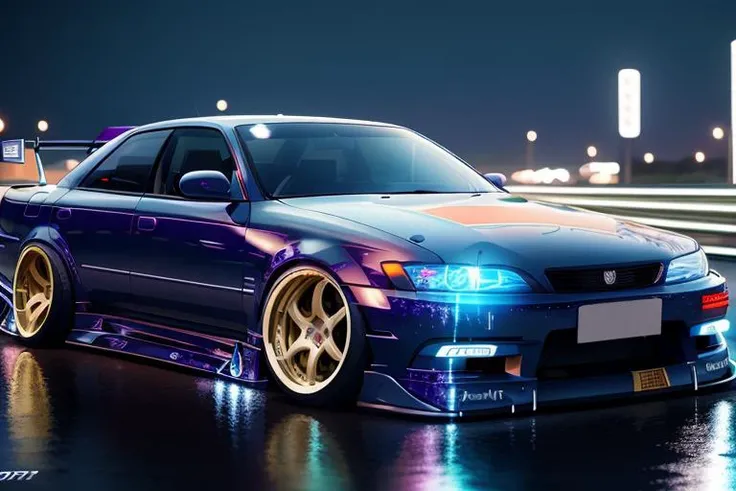 (STANCE), masterpiece,best quality,official art,extremely detailed CG unity 8k wallpaper,illustration, light,car, bright, sports car, vehicle focus, road, ((need for speed)),((NFS)), moving, wet, (((night, midnight))),neon lights,drift, <lora:MARKII:0.8>, (MARKII)