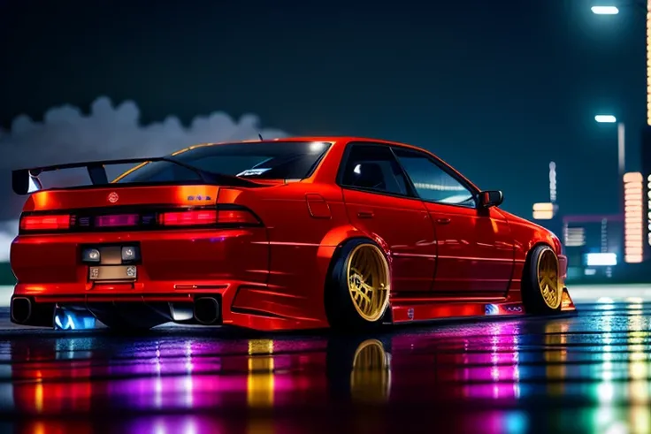 (STANCE), masterpiece,best quality,official art,extremely detailed CG unity 8k wallpaper,illustration, light,car, bright, sports car, vehicle focus, road, ((need for speed)),((NFS)), moving, wet, (((night, midnight))),neon lights,drift,  <lora:MARKII:0.8>, (MARKII)