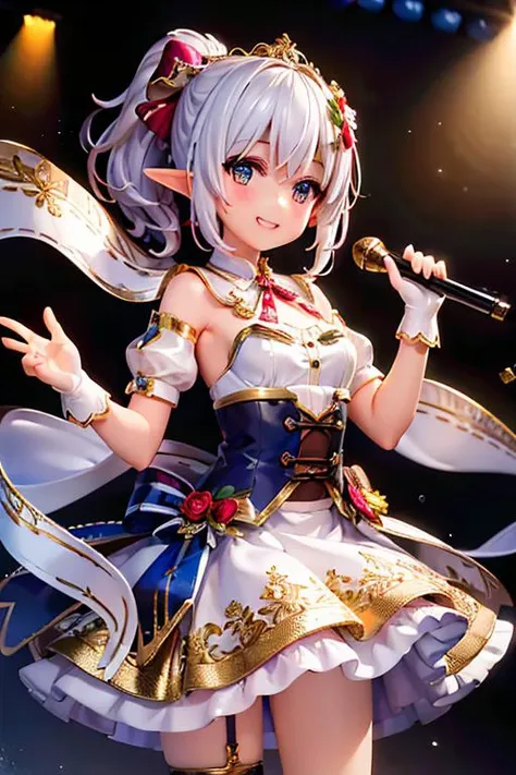 (best quality:1.2) (4k:1.) (highres:1.1) , (ultra detailed CG:1.1) ,
1girl elf , (detailed face:1) , (silver ponytail:1) , (small breasts:1) , big back bow , big bow on head , colorful backlight , backlight , grin , long puffy sleeves , corset , intense shadow , spotlight , multiple back chorus on stage , on stage , perspective , <lora:epiCRealismHelper:1> <lora:erase_back_last:2> <lora:Gloomifier_TheDread_V1_LECO:-.5>