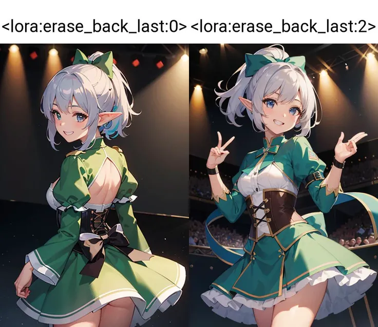 (best quality:1.2) (4k:1.) (highres:1.1) , (ultra detailed CG:1.1) ,
1girl elf , (detailed face:1) , (silver ponytail:1) , (small breasts:1) , big back bow , big bow on head , colorful backlight , backlight , grin , long puffy sleeves , corset , intense shadow , spotlight , multiple back chorus on stage , on stage , perspective , <lora:epiCRealismHelper:1> <lora:erase_back_last:0> <lora:Gloomifier_TheDread_V1_LECO:-.5>