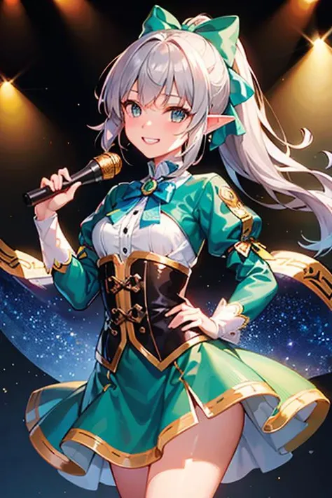 (best quality:1.2) (4k:1.) (highres:1.1) , (ultra detailed CG:1.1) ,
1girl elf , (detailed face:1) , (silver ponytail:1) , (small breasts:1) , big back bow , big bow on head , colorful backlight , backlight , grin , long puffy sleeves , corset , intense shadow , spotlight , multiple back chorus on stage , on stage , perspective , <lora:epiCRealismHelper:1> <lora:erase_back_last:2> <lora:Gloomifier_TheDread_V1_LECO:-.5>