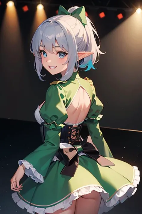 (best quality:1.2) (4k:1.) (highres:1.1) , (ultra detailed CG:1.1) ,
1girl elf , (detailed face:1) , (silver ponytail:1) , (small breasts:1) , big back bow , big bow on head , colorful backlight , backlight , grin , long puffy sleeves , corset , intense shadow , spotlight , multiple back chorus on stage , on stage , perspective , <lora:epiCRealismHelper:1> <lora:erase_back_last:0> <lora:Gloomifier_TheDread_V1_LECO:-.5>