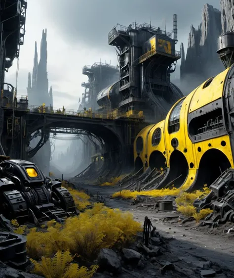 , <lora:DonMR3mn4ntsXL:1> DonMR3mn4ntsXL , black & yellow, industrial, heavy duty, modular, swamp valley surrounded by high rocky cliffs, dawn,